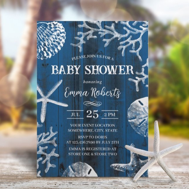 Rustic Beach Seashells Navy Blue Baby Shower Inbjudningar (Skapare uppladdad)