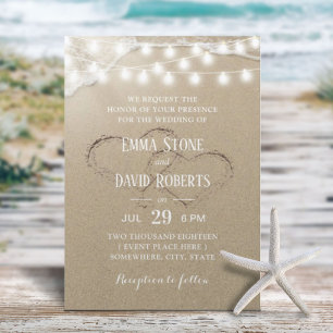 Rustic Beach Wedding Hearts in Sand Summer Inbjudningar