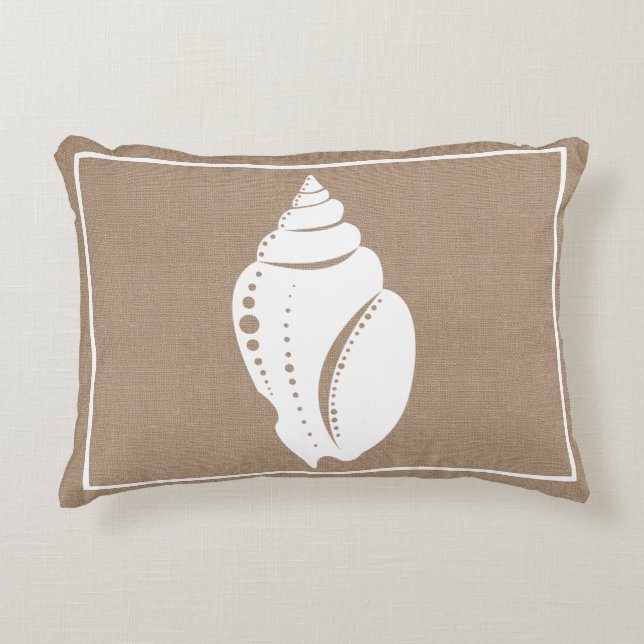Rustic Beach White Seashell & Faux Burlap Prydnadskudde (Framsidan)