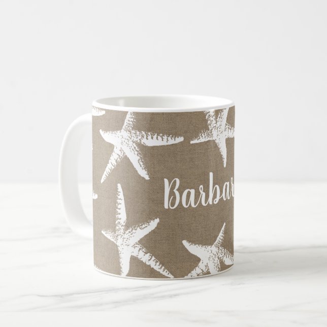 Rustic Beach White Starfish & Faux Burlap Kaffemugg (Framsida vänster)