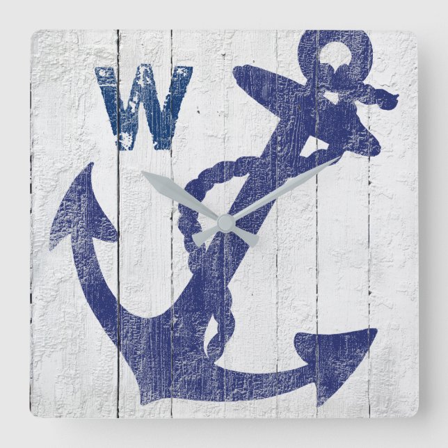 Rustic Beach Wood Blue Nautical Anchor Monogrammed Fyrkantig Klocka (Framsida)