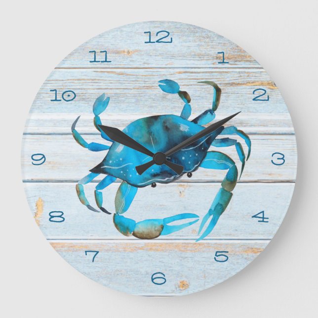 Rustic Beach Wood Crab Coastal Stor Klocka (Framsida)