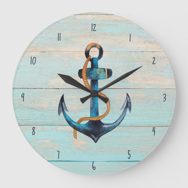 Rustic Beach Wood Nautical Anchor Coastal Stor Klocka (Framsida)