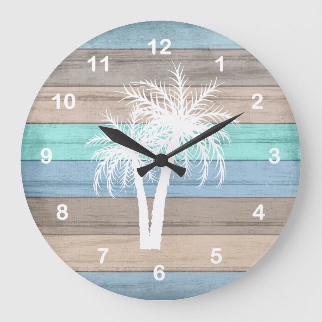 Rustic Beach Wood Nautical and White Palm Trees Stor Klocka (Framsida)