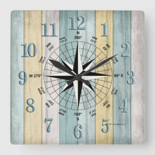 Rustic Beach Wood Nautical Compass Fyrkantig Klocka