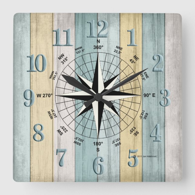 Rustic Beach Wood Nautical Compass Fyrkantig Klocka (Framsida)