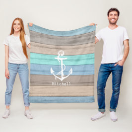Rustic Beach Wood Nautical Rand & Anchor Fleecefilt