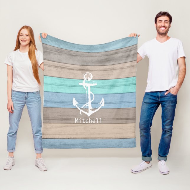 Rustic Beach Wood Nautical Rand & Anchor Fleecefilt (På plats)