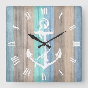 Rustic Beach Wood Nautical Rand & Anchor Fyrkantig Klocka