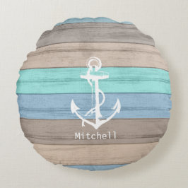 Rustic Beach Wood Nautical Rand & Anchor Rund Kudde