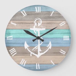 Rustic Beach Wood Nautical Rand & Anchor Stor Klocka
