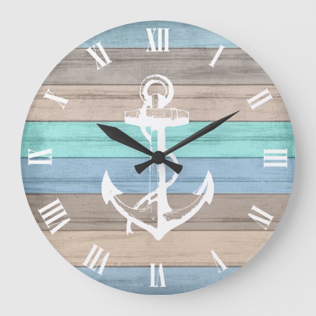Rustic Beach Wood Nautical Rand & Anchor Stor Klocka (Framsida)