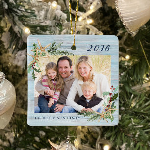 Rustic Beach Wood Starfish-familjen Foto-jul Julgransprydnad Keramik