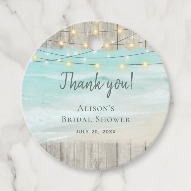 Rustic Beach Wood String Ljus Möhippa Gåvor Etiketter (Framsida)