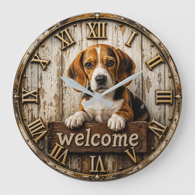 Rustic Beagle Welcome Farmhouse Stor Klocka (Framsida)