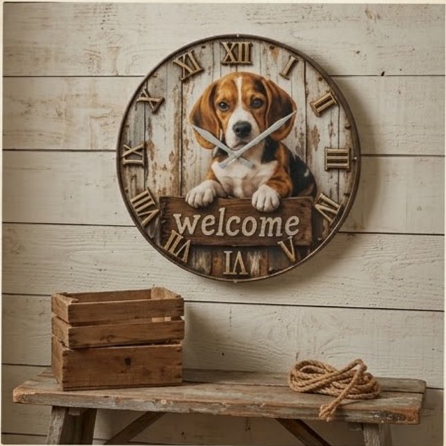 Rustic Beagle Welcome Farmhouse Stor Klocka (Skapare uppladdad)