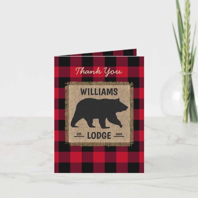 Rustic Bear Red Black Buffalo Family Namn Lodge Tack Kort (Framsida)