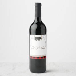 Rustic Bear & Red Plaid Woods Bröllopsvin Vinflaska Etikett