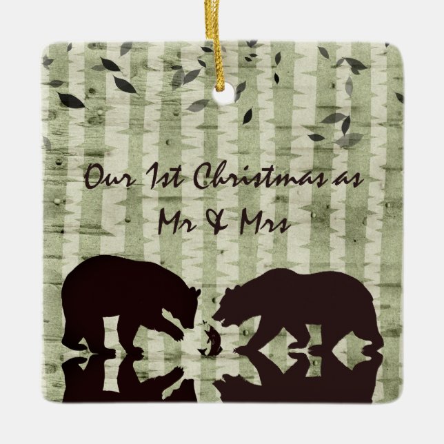 Rustic Bears, Birch Träd 1:a julen Julgransprydnad Keramik (Framsida)