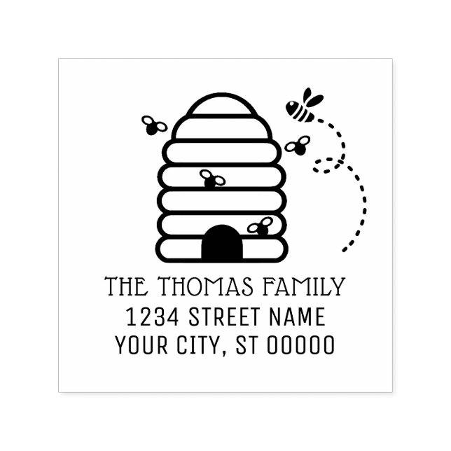 Rustic Beehive and Flying Bees Name Address Självfärgande Stämpel (Design)