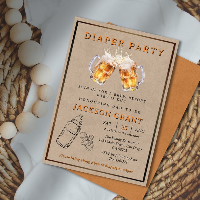 Rustic Beer Diaper Party Pappa to be Baby Shower Inbjudningar (Rustic Beer Diaper Party Dad to be Baby Shower Invitation)