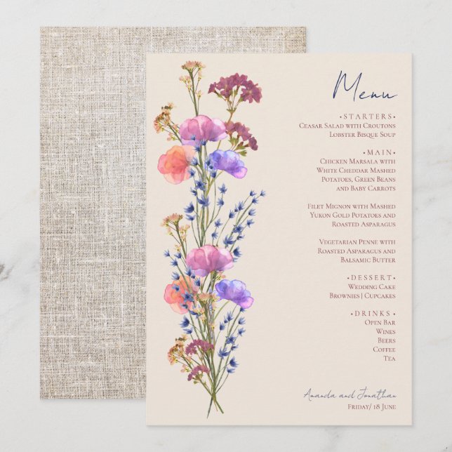 Rustic Beige Acrylic Blommigt Meny (Fram/baksida)