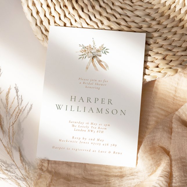 Rustic Beige Blommigt Bouquet & Bow Möhippa Inbjudningar (Skapare uppladdad)