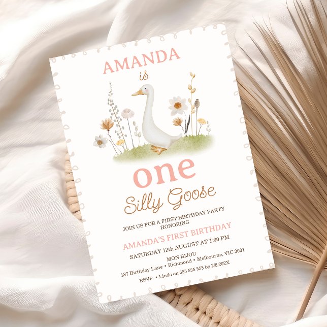 Rustic Beige Blommigt Ett Fånig går på 1:a födelse Inbjudningar (Girls One Silly Goose 1st Birthday Invitation Template, Silly Goose Themed Birthday Invitation )