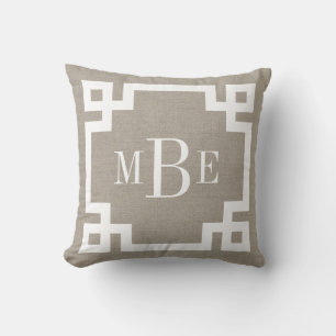 Rustic Beige Grekiska Nyckel Gräns Monogrammed mon Kudde