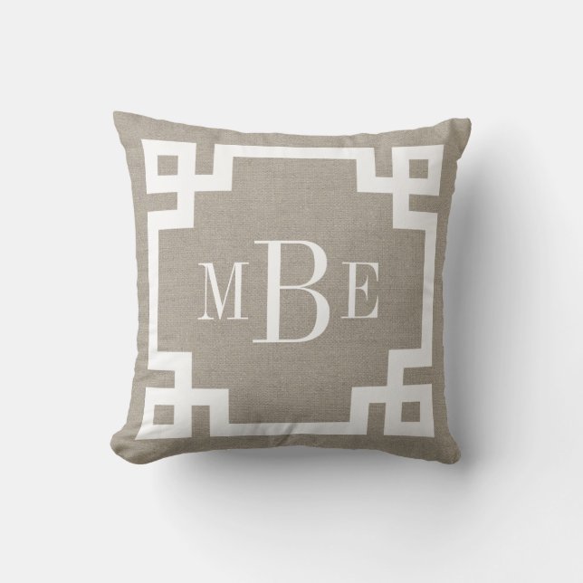 Rustic Beige Grekiska Nyckel Gräns Monogrammed mon Kudde (Framsida)