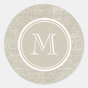 Rustic Beige Linen Background Monogram Runt Klistermärke