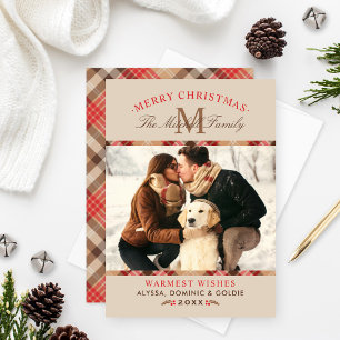 Rustic Beige Tartan Play jul Monogram Photo Julkort