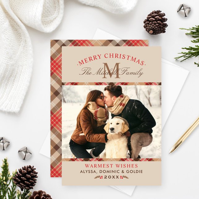 Rustic Beige Tartan Play jul Monogram Photo Julkort (Skapare uppladdad)