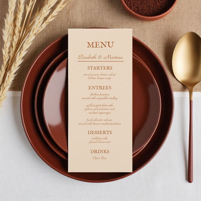 Rustic Beige Terra Cotta Autumn Bröllop Menu Meny (Skapare uppladdad)