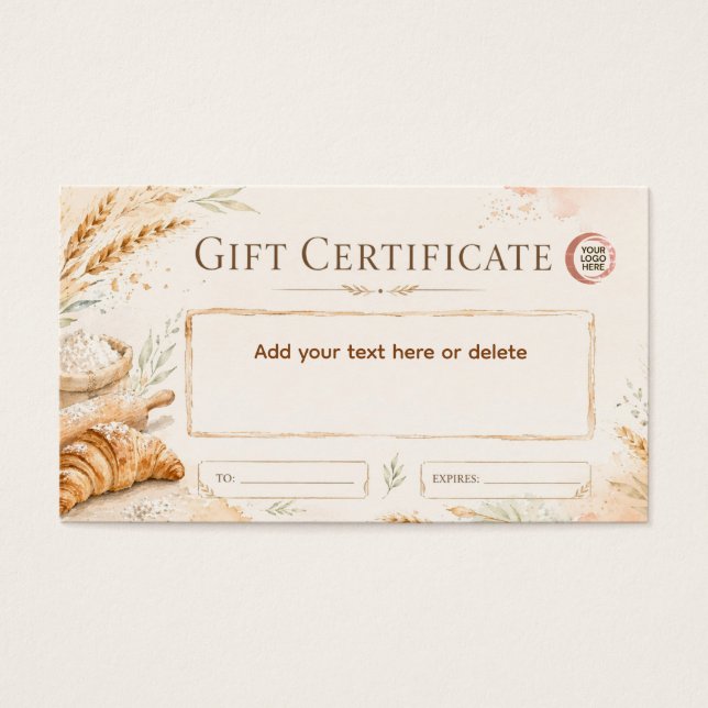 Rustic beige watercolor bakery gift certificate  visitkort (Framsidan)