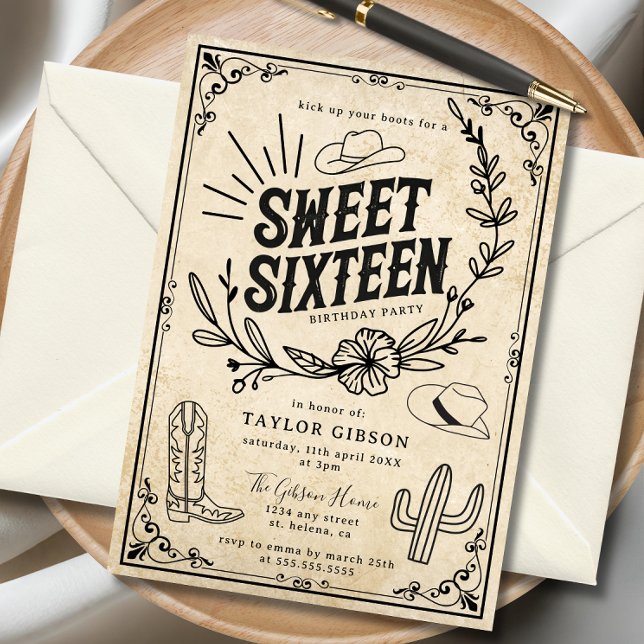 Rustic Beige Western Cowgirl Sweet sixteen Inbjudningar (Rustic cowgirl Sweet Sixteen birthday invitation with western design.)