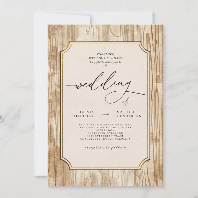 Rustic Beige Wood Blommigt Bröllop Inbjudningar (Framsida)