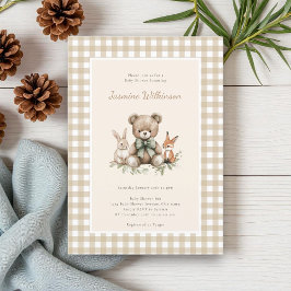 Rustic Beige Woodland Animals Baby Shower Gingham Inbjudningar