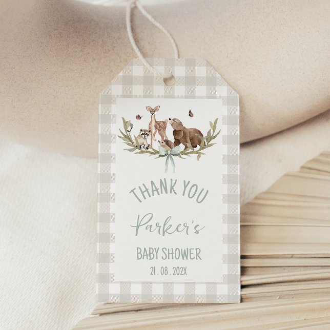 Rustic Beige Woodland Baby Shower  Presentetikett (Gender Neutral Woodland Baby Shower Thank you Tag, Woodland Animals Baby Shower Thank You Gift Tag,)