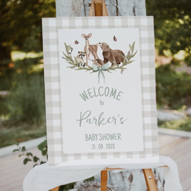 Rustic Beige Woodland Baby Shower Welcome Sign Fototryck (Woodland Baby Shower Welcome Sign, Rustic Woodland Baby Shower Welcome Sign Beige, Gingham Pattern)