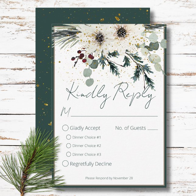 Rustic Berries Winter Blommigt Middag Bröllop OSA Kort (Rustic Berries Winter Floral Dinner Wedding RSVP Card)