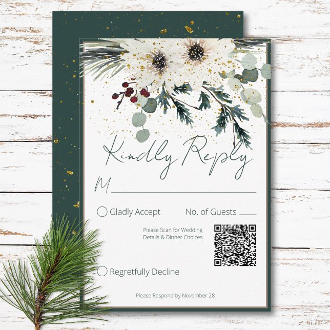 Rustic Berries Winter Blommigt QR Code Bröllop OSA Kort (Rustic Berries Winter Floral QR Code Wedding RSVP Card)