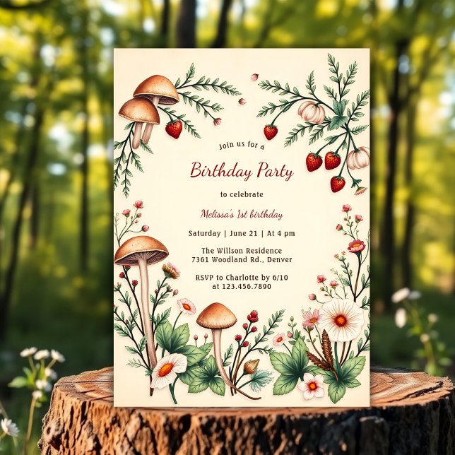 Rustic Berry Nature Mushroom Woodland 1:a födelsed Inbjudningar (Rustic Berry Nature Mushroom Woodland 1st Birthday Invitation)