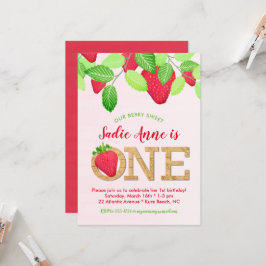 Rustic Berry Sweet Strawberry 1st Birthday Girl Inbjudningar