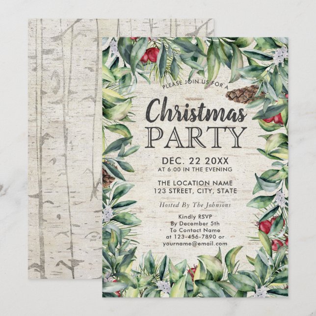 Rustic Berry Winter Greenery Birch jul Party Inbjudningar (Fram/baksida)