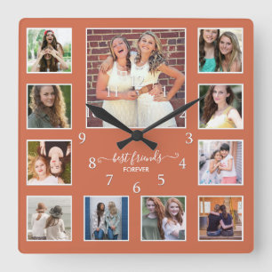 Rustic Best Friends 11 Photo Collage Terracotta Fyrkantig Klocka