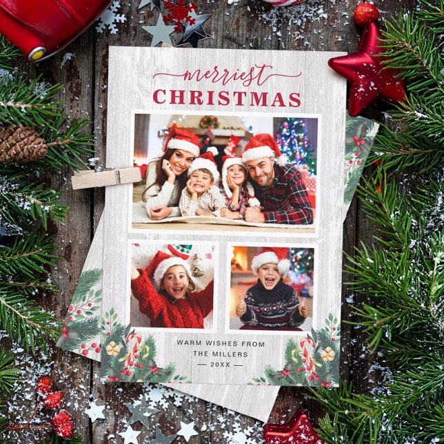 Rustic Birch Mistletoe Merriest jul 3 Photo Julkort (Skapare uppladdad)