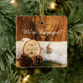 Rustic Birch Träd och Barn Wood Förlovning Julgransprydnad Keramik