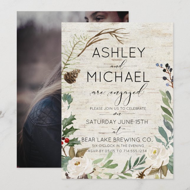 Rustic Birch Winter Photo Typography Party Inbjudningar (Fram/baksida)