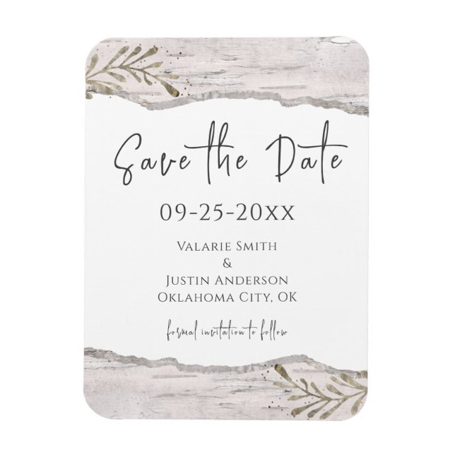 Rustic Birch Wood Save Date bröllop Magnet (Vertikal)